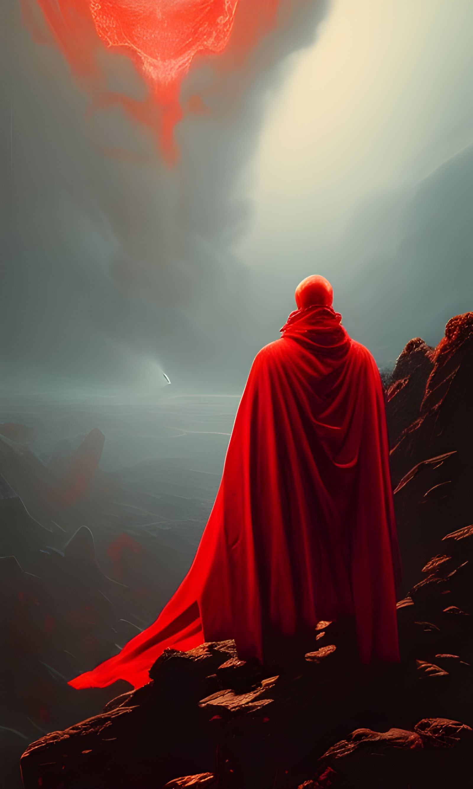 Red Cloak on Precipice in Romanticism Style