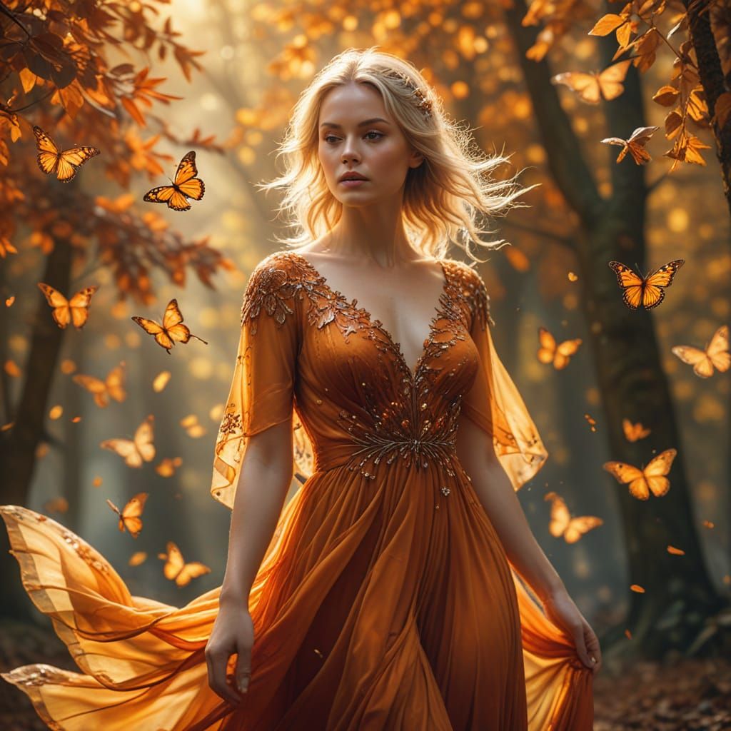 Ethereal Blonde Woman in Autumn Landscape with Monarch Butte...