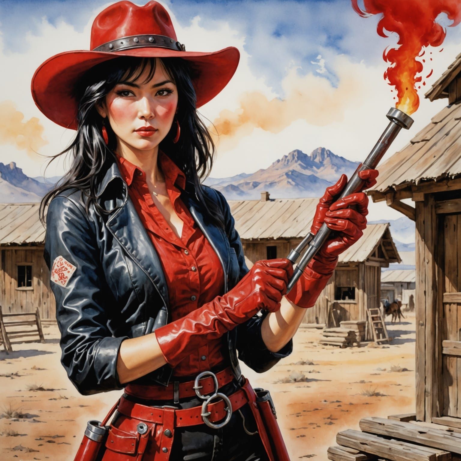 Japanese Cowgirl with Branding Iron: Impressionistic Waterco...