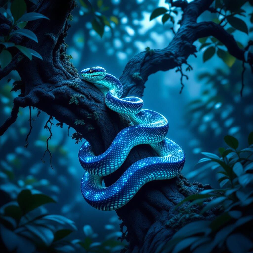 Bioluminescent Snake Coiled Around Gnarled Jungle Tree