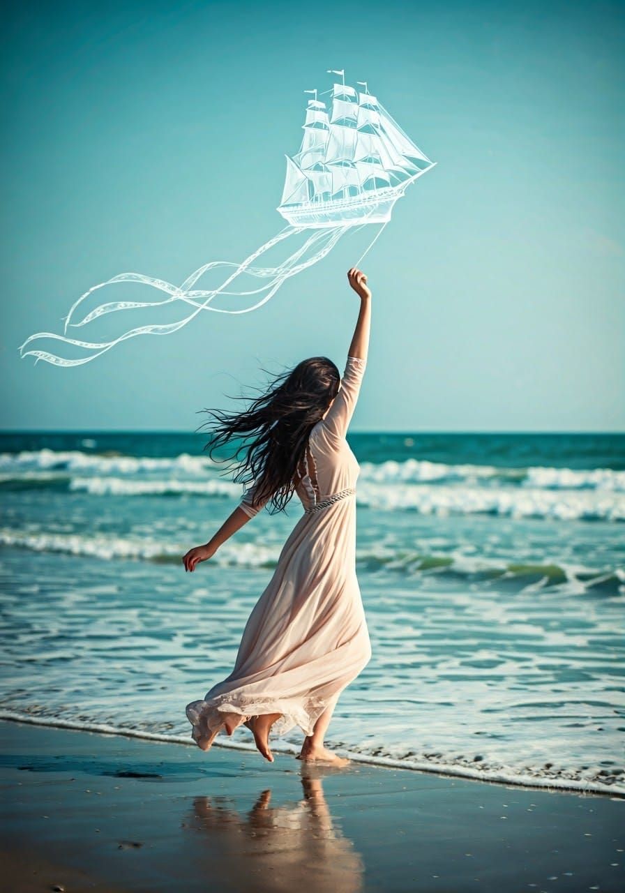 Woman with Ship Kite on Turquoise Sea