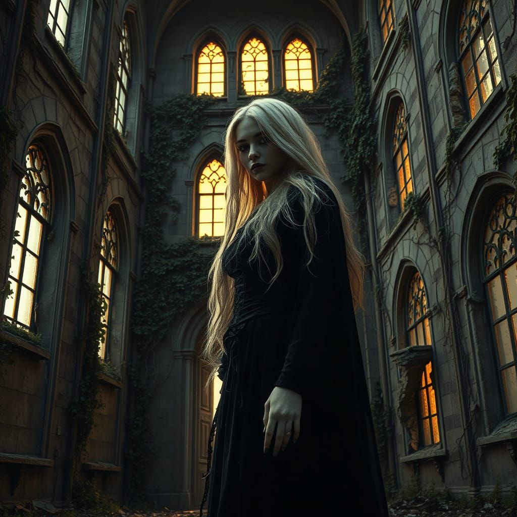Gothic Woman Amidst Abandoned Architectural Ruins in Mysteri...