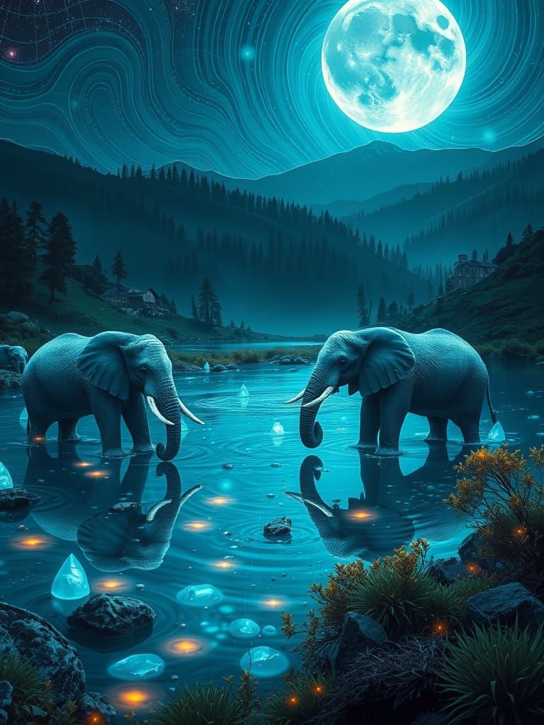 Ethereal Azure Realm: Elephants in Luminous Harmony