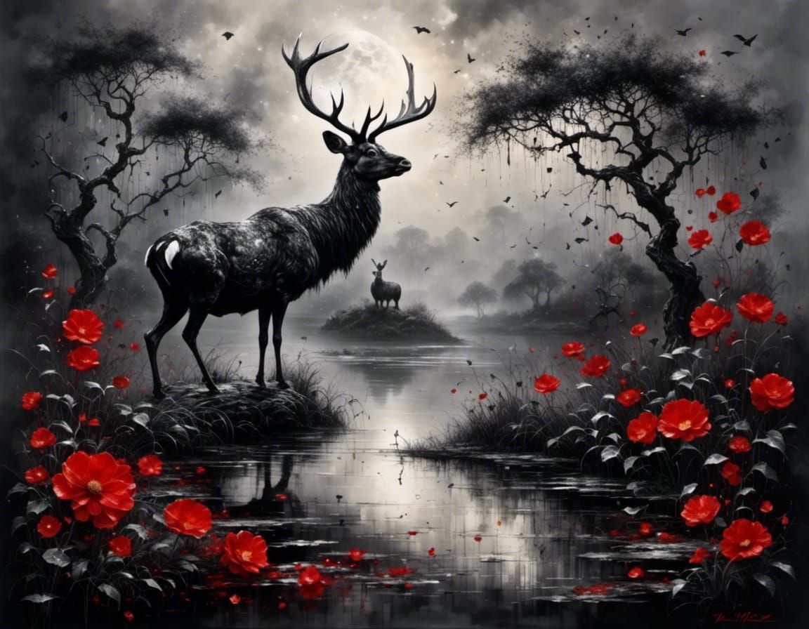 Mystical Fantasy Landscape in Red and Black