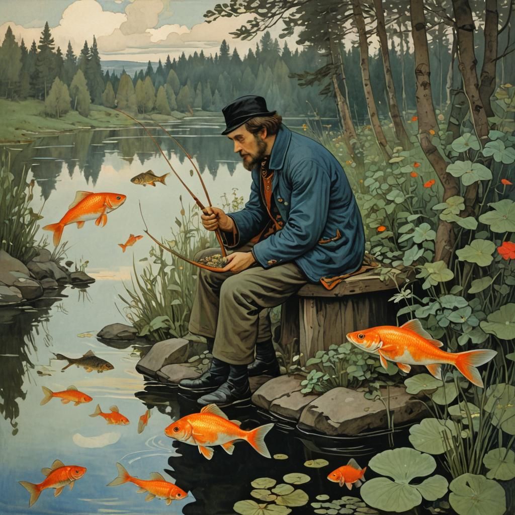 Fisherman and Goldfish Illustration in Vasnetsov Style