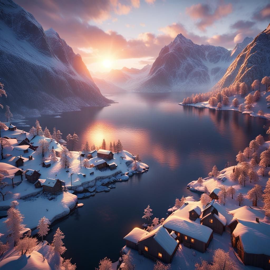 Winter Sunset Over Norwegian Fjords: 3D Game Art