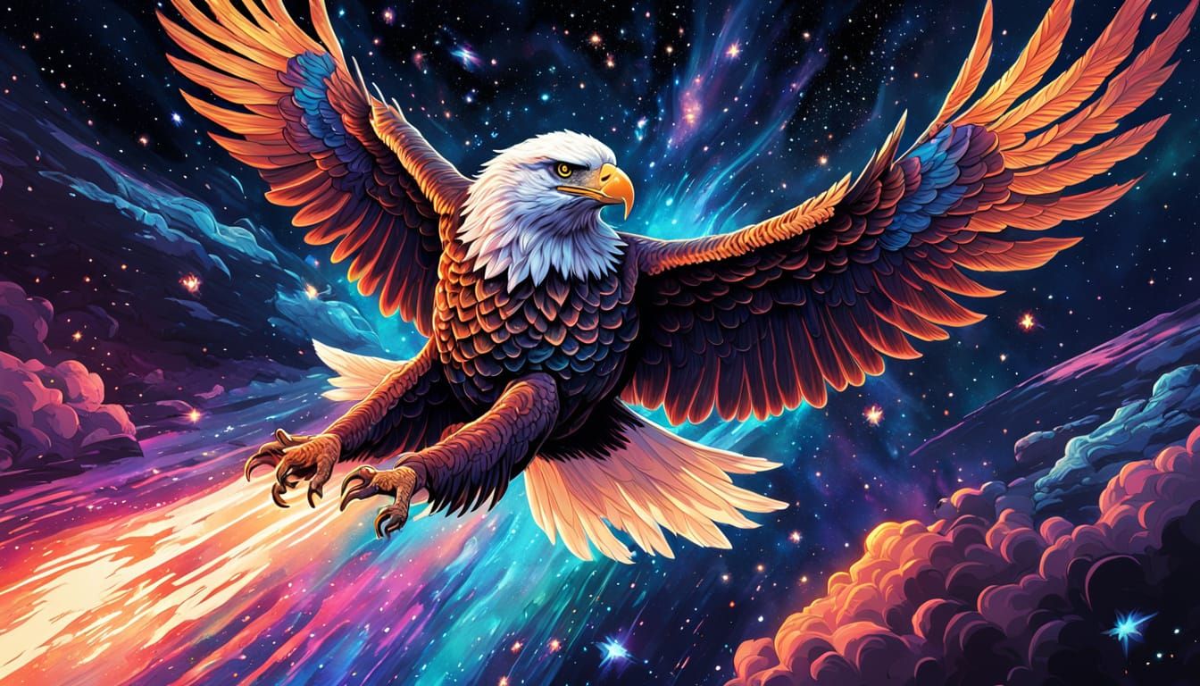 Cosmic Eagle Soaring Through Space in Comic Book Art