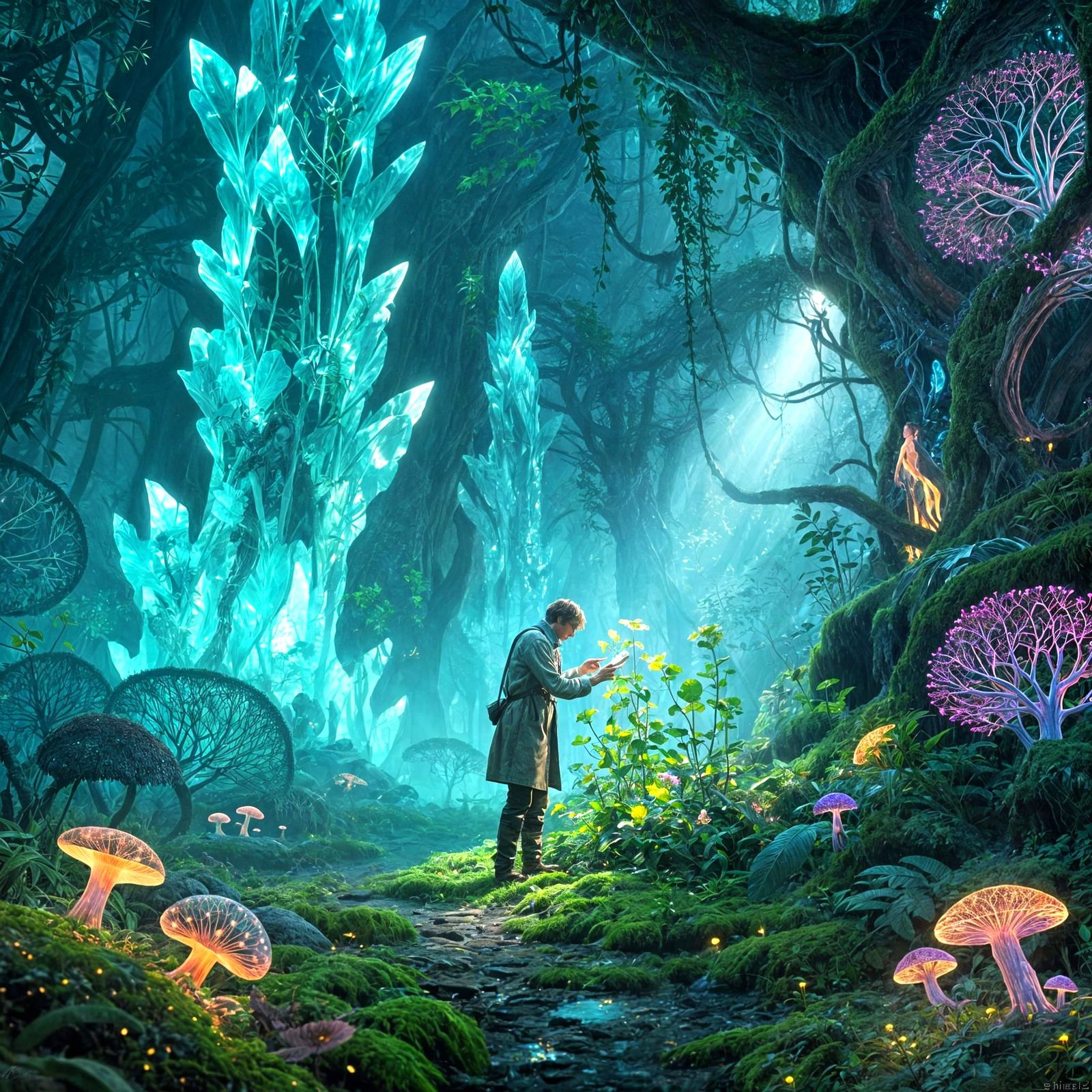 Botanist Studies Alien Flora in Ethereal Bioluminescent Jung...