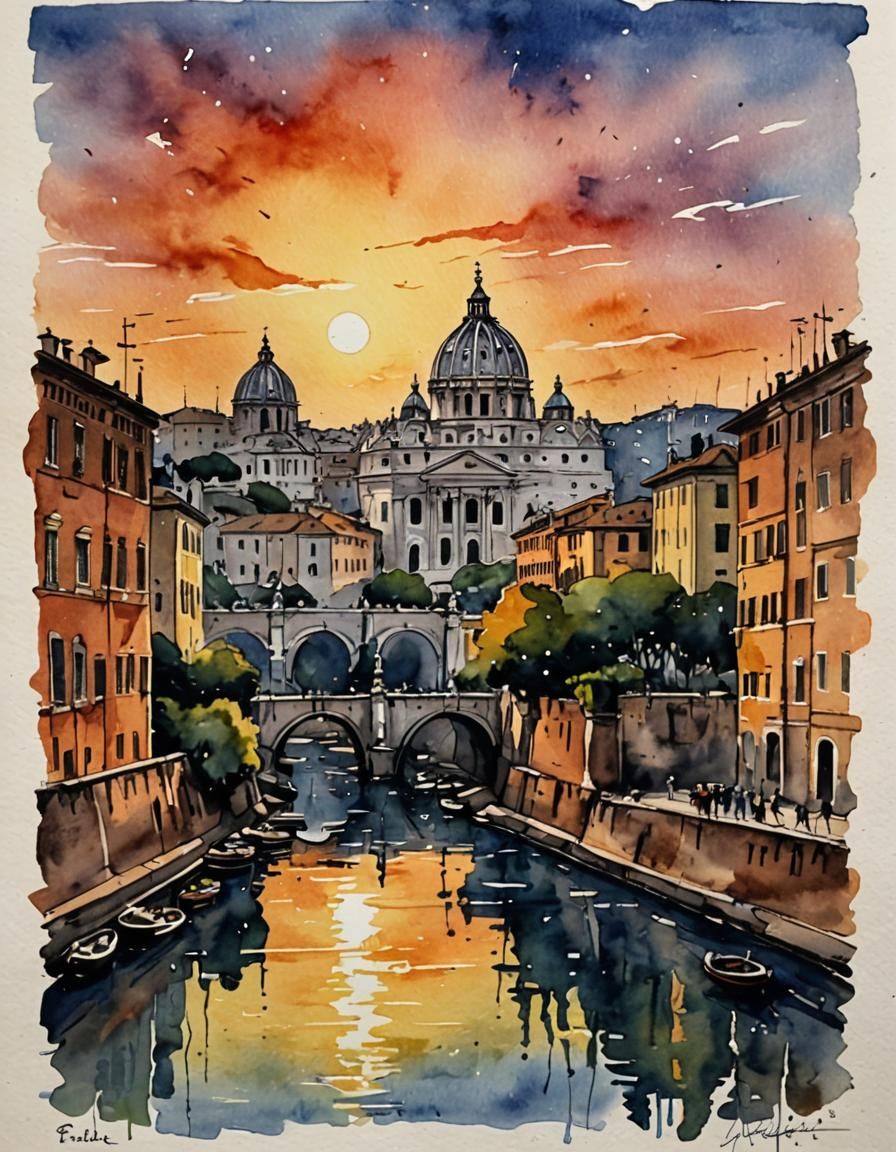 Rome Colosseum Sunset in Watercolor Style