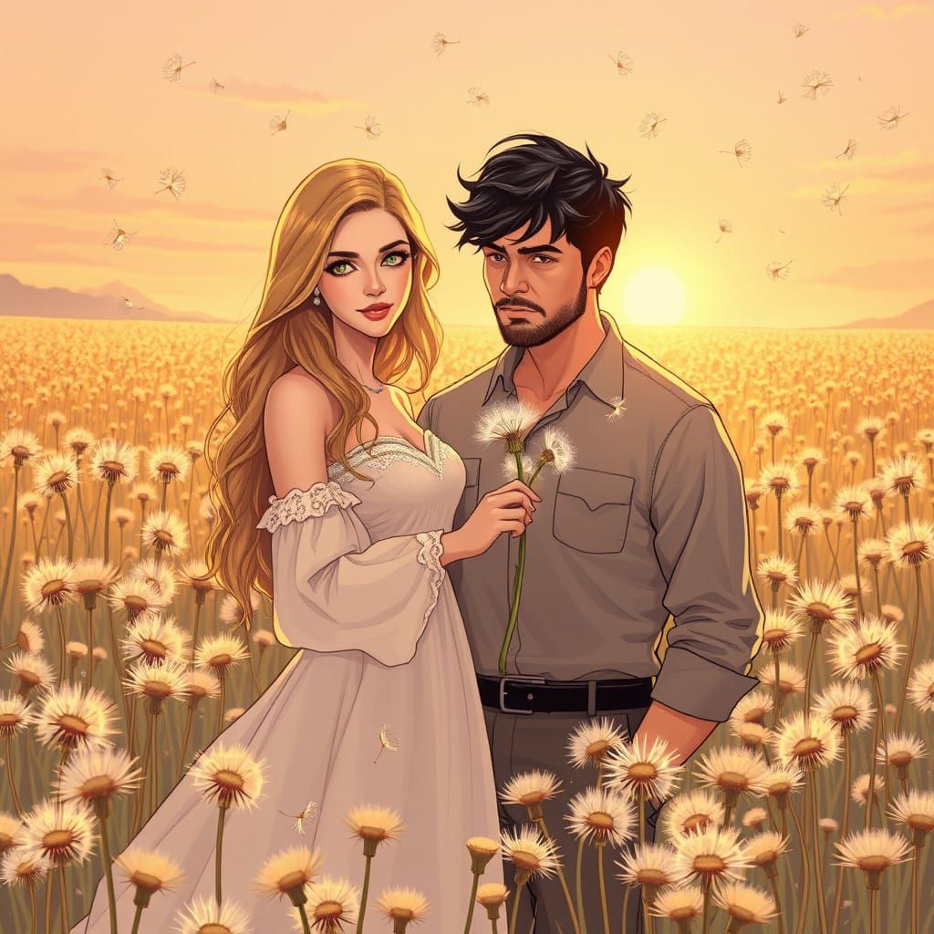 Romantic Dusk Scene in a Field of Dandelions