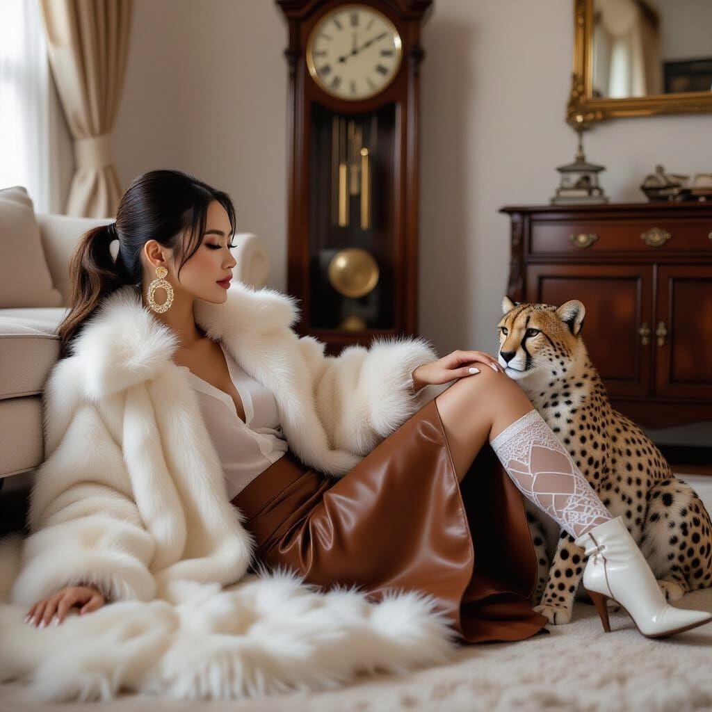 Woman with Cheetah in Living Room