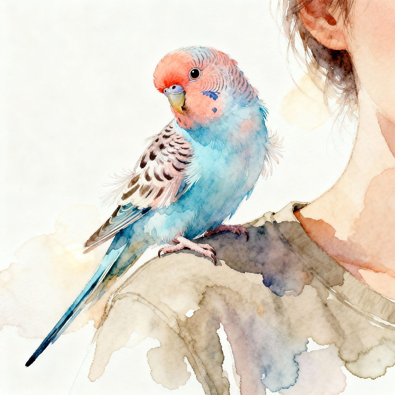 Cute Budgie on Shoulder in Watercolor & Alcohol Ink Style