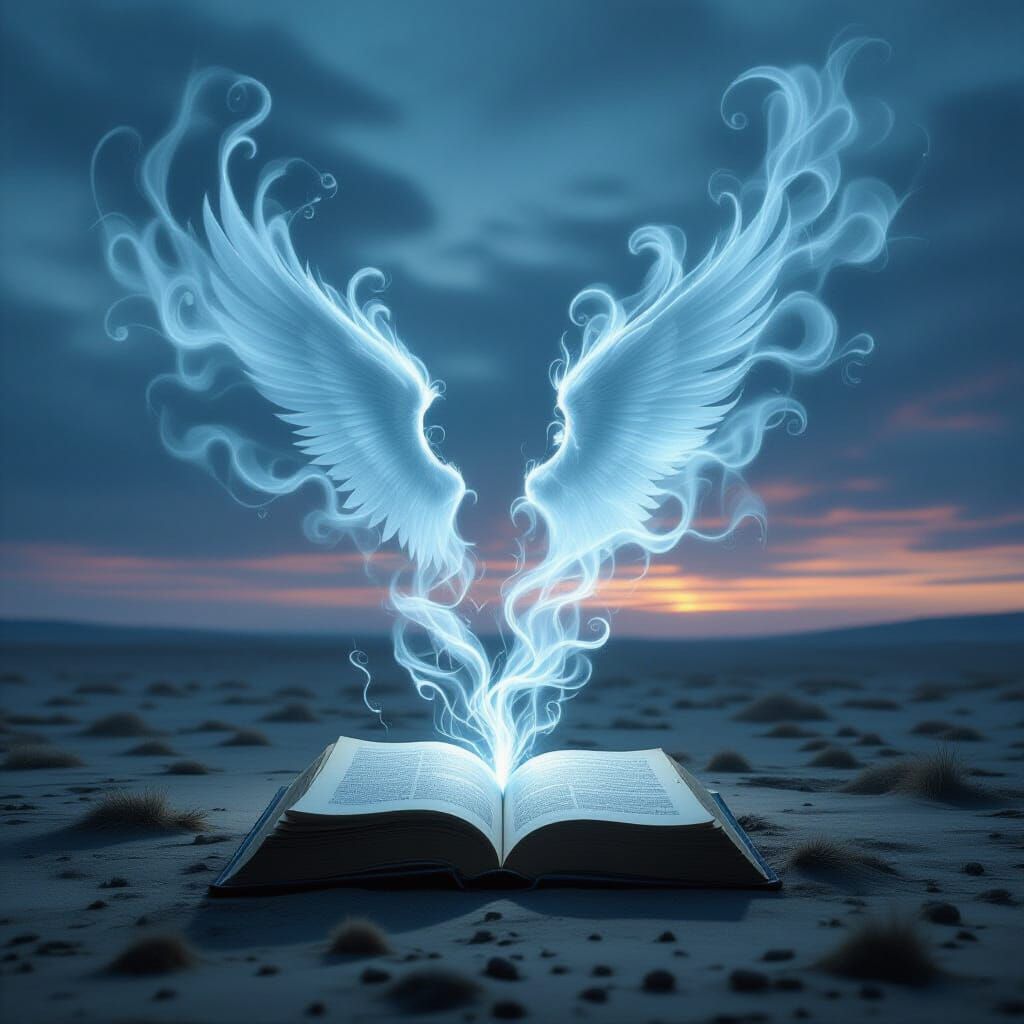 A lone, tattered book lies open on a desolate, windswept pla...