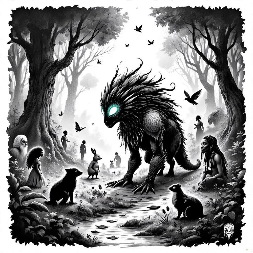 Afrofuturistic Ink Drawing of Creature in Enchanted Forest
