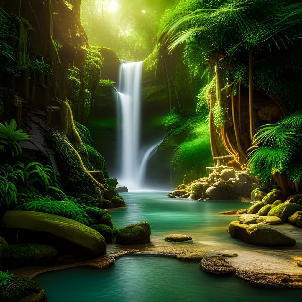 Shimmering Jungle Grotto Paradise: Photorealistic Detail