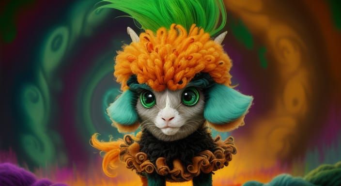 Surprised Lamb with Green Mohawk in Whimsical Style