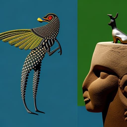 Megalithic Sphinx Attacks Neolithic Figure in Surreal Style