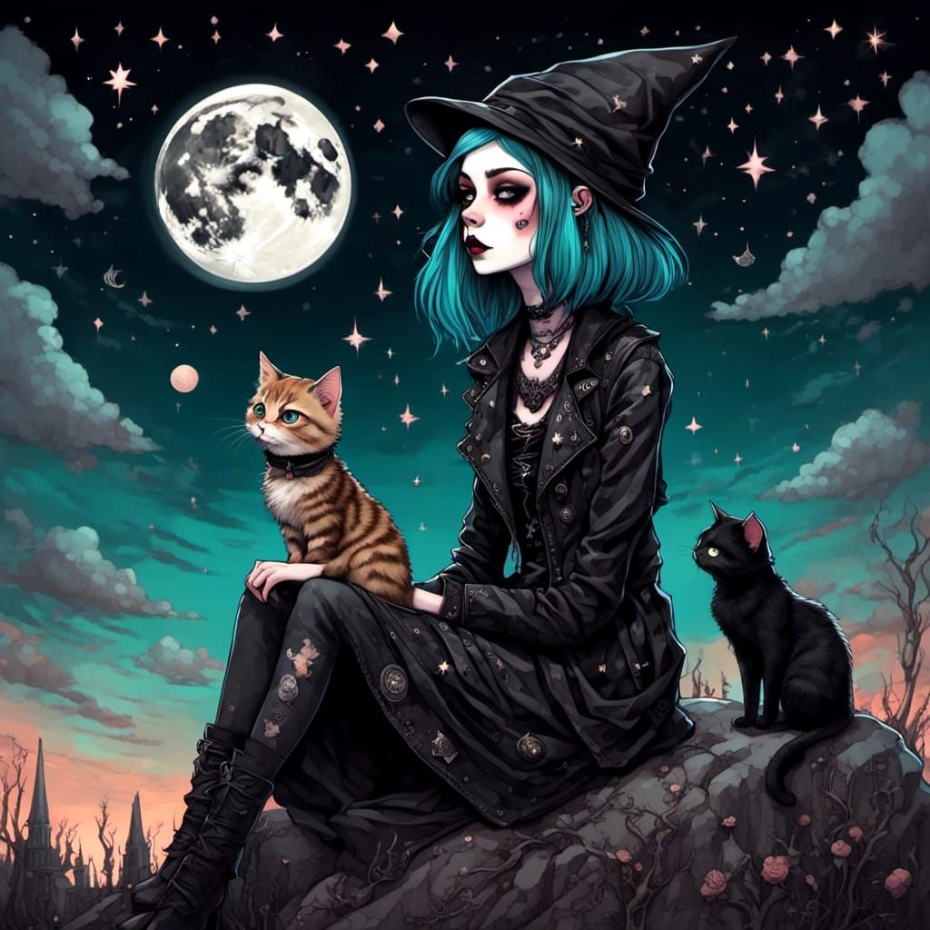 Sad Kawaii Anime Girl with Cat Under Stars