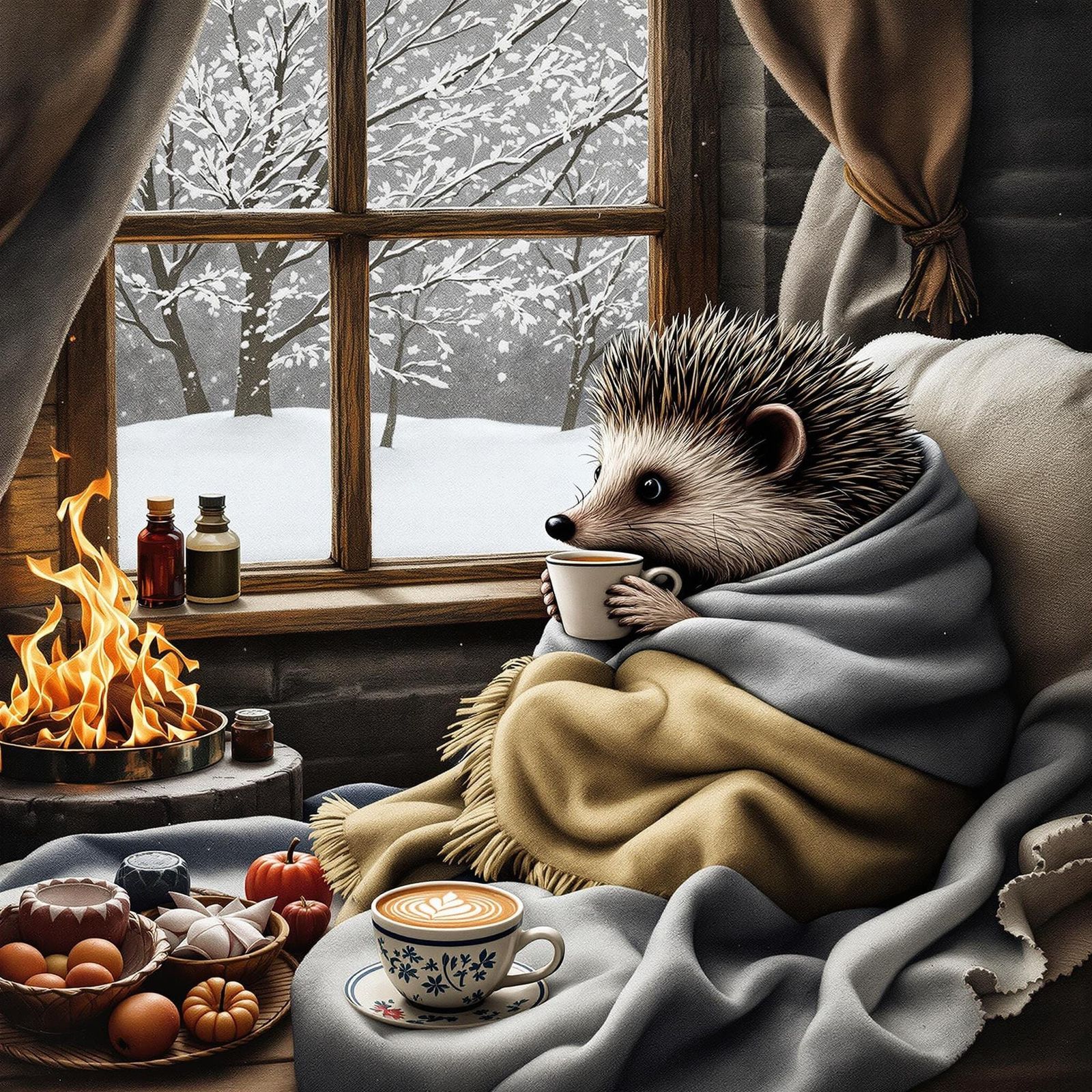 Whimsical Felt Collage of Hedgehog Drinking Tea