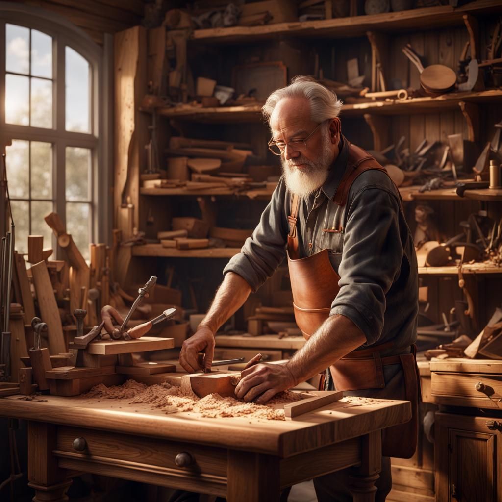 A happy old cabinet-maker passionately builds a piece of wooden furniture