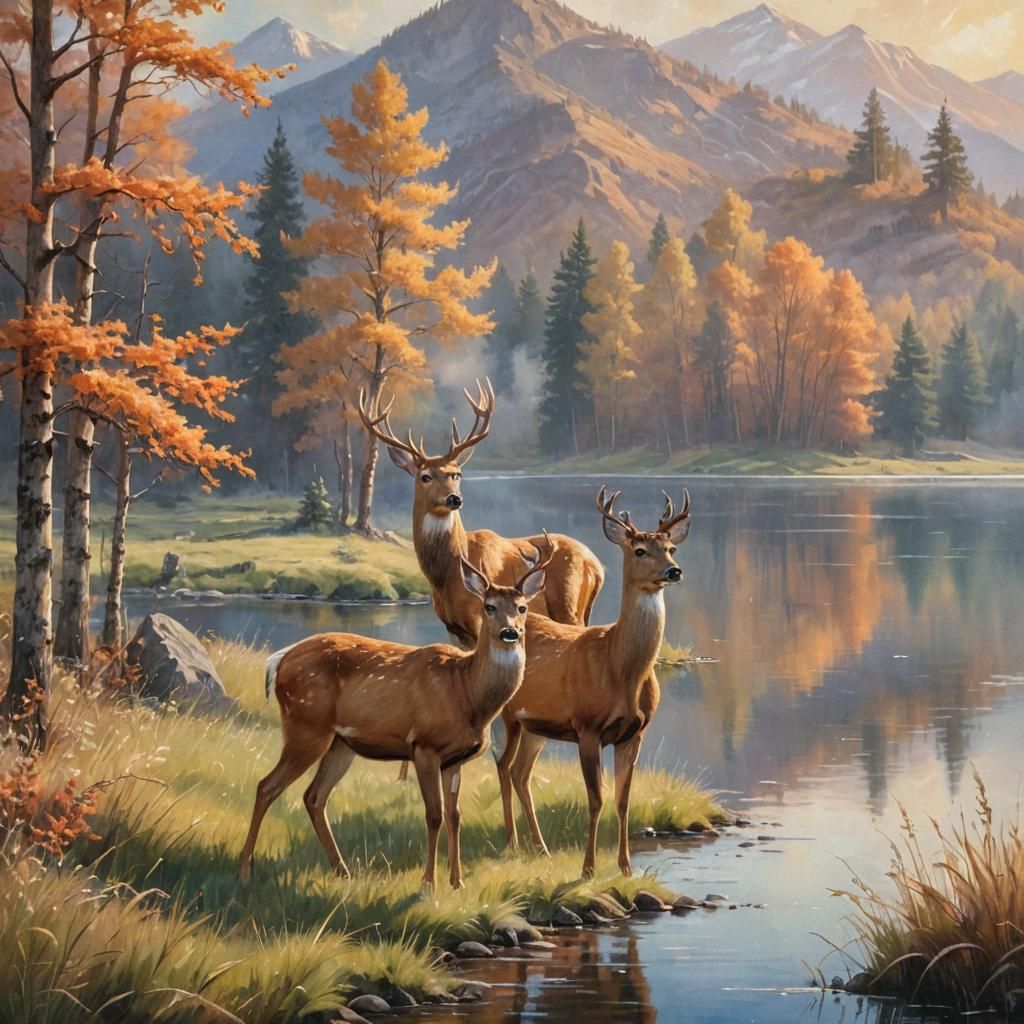 Deer in Serene Landscape, Impasto Oil Painting