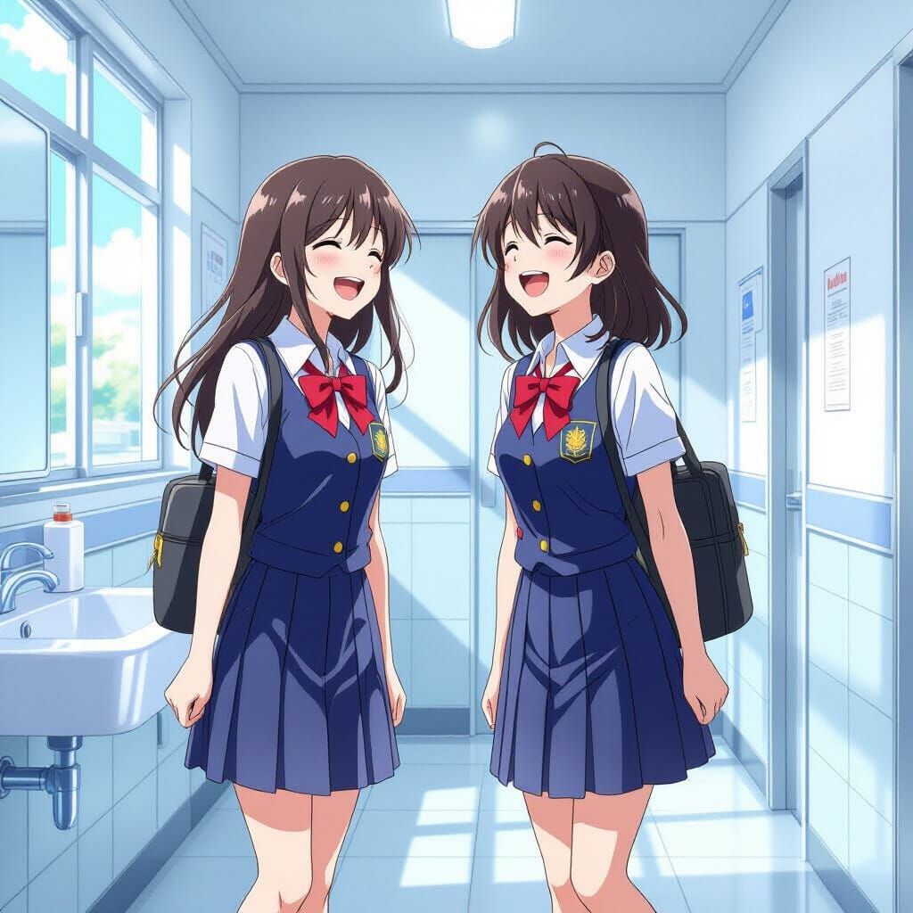 Anime Girls Laughing in School Bathroom