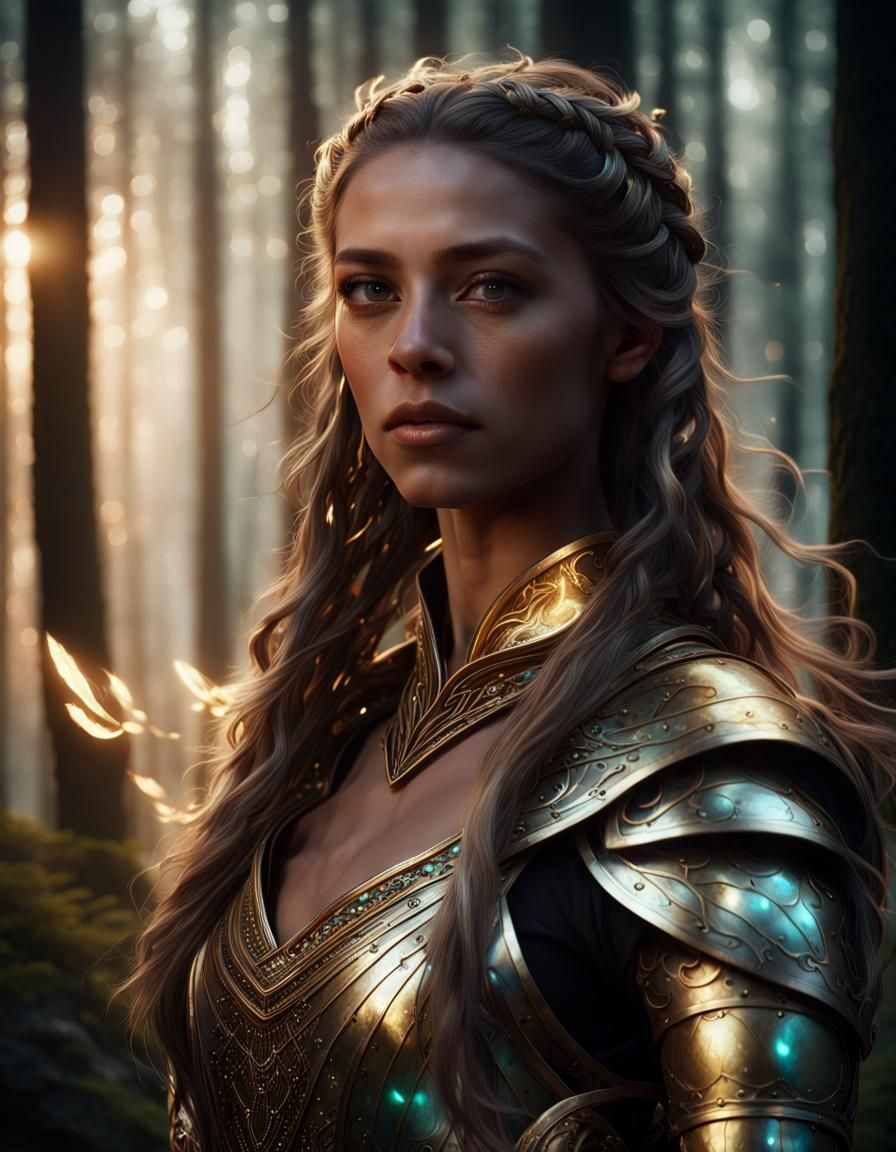 Woman in Gold Armor Portrait, Hyper-Realistic Fantasy Art