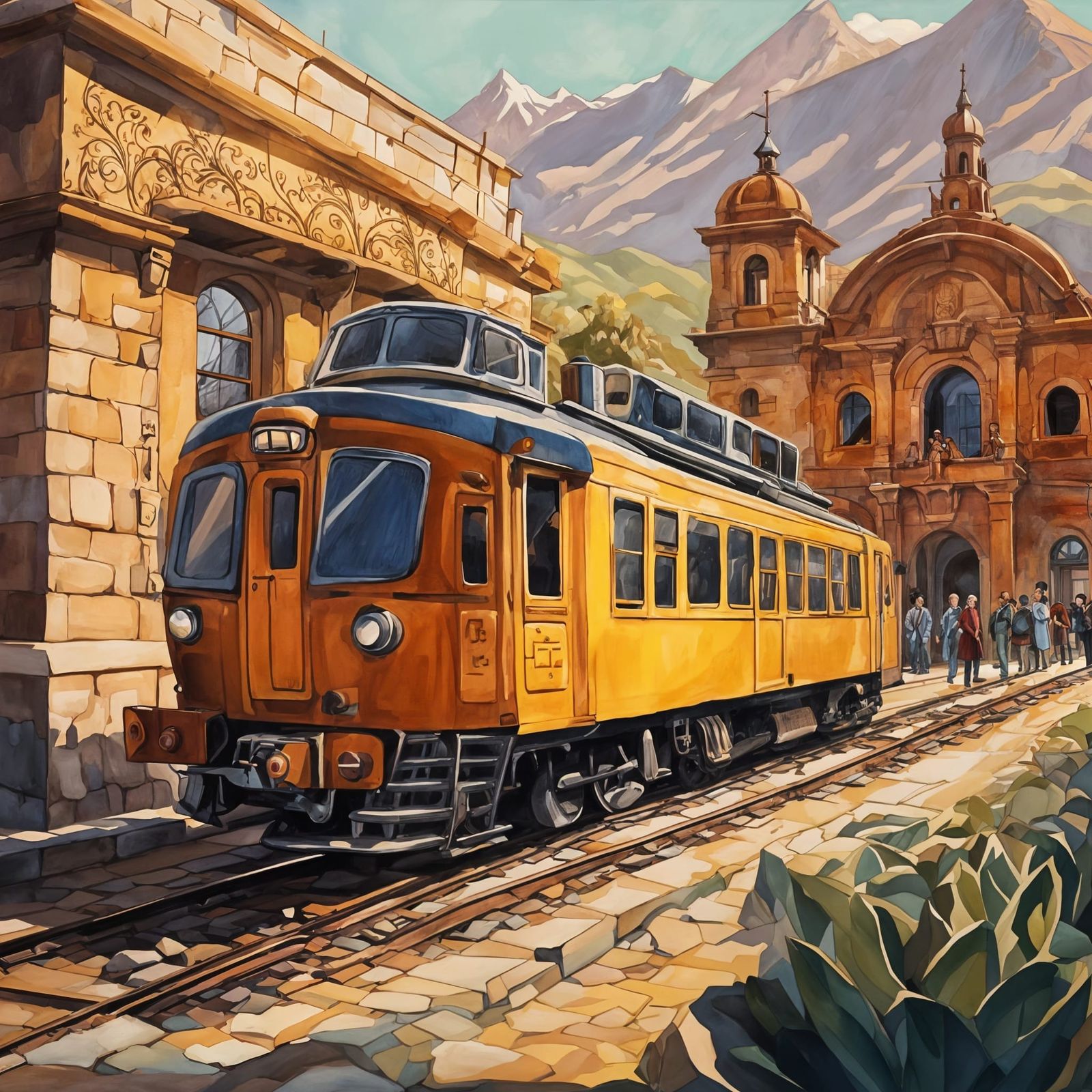 Cuzco Train Station in Andes, Gouache Style