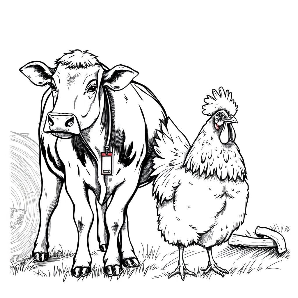 Cow and Chicken Sketch in Classical Style
