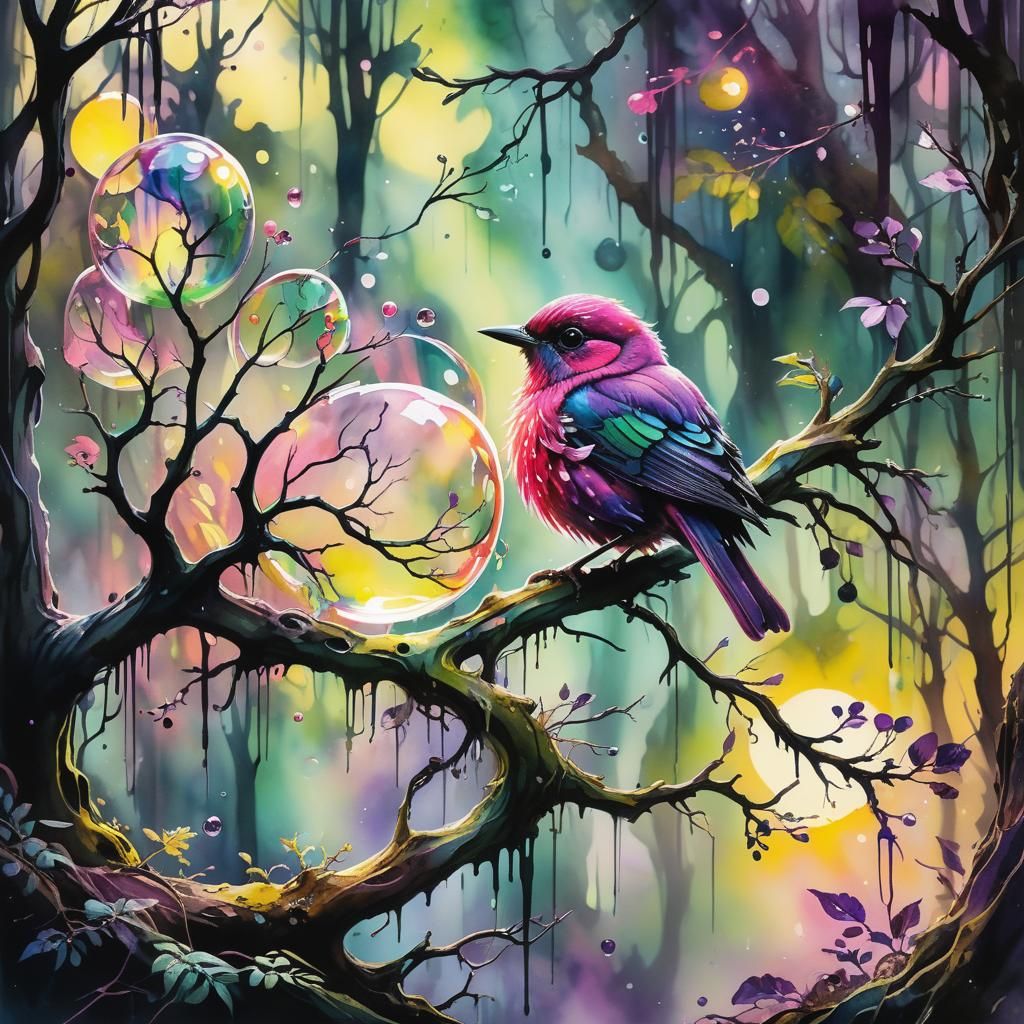 Bird in Fantasy Forest: Epic Watercolor Painting