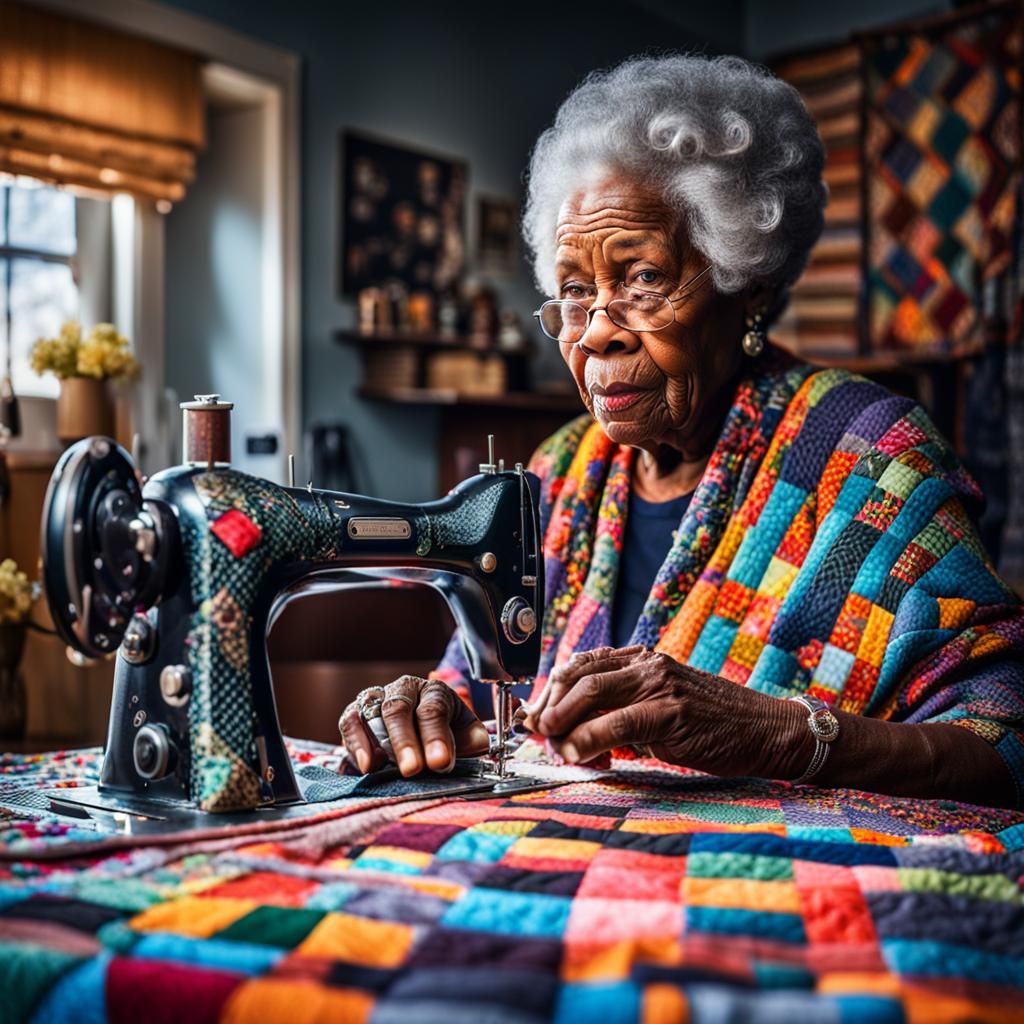 Frost Punk Elderly Woman Sewing Geometric Quilt