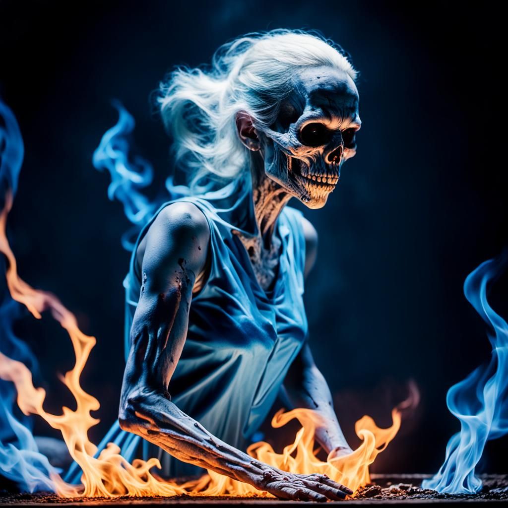 Creepy Ghoul Rising from Blue Flames