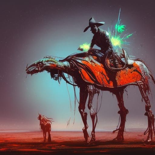 Alien Cowboy Rides Steampunk Creature in Sci-Fi Horror