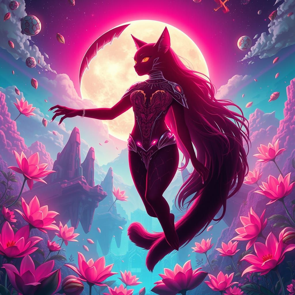 Cat-Goddess Ascends in Dreamlike Cyberpunk Landscape