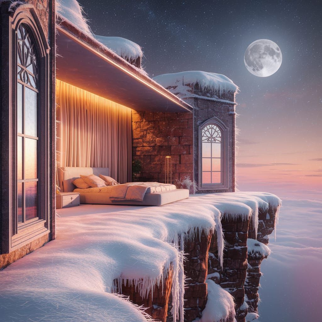Moonlit Bedroom on Snowy Cliff: Oil Painting