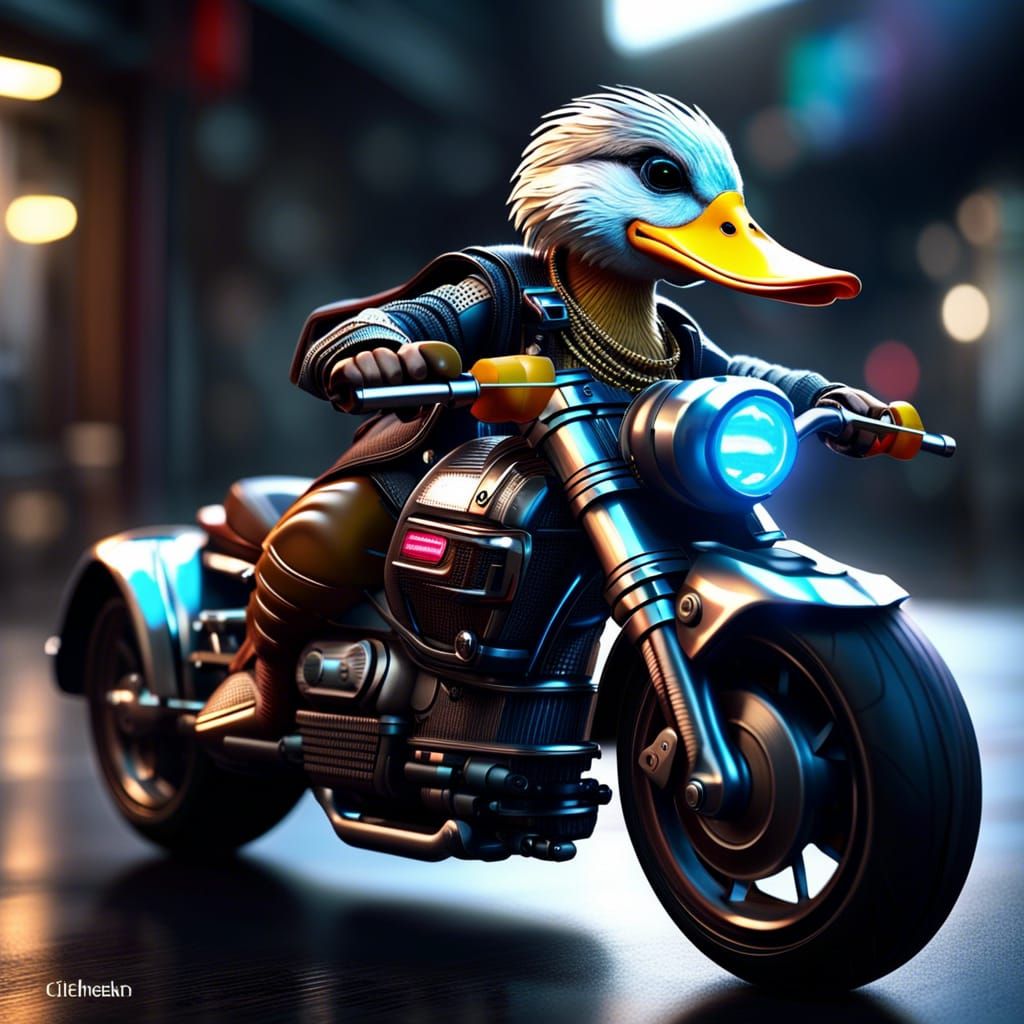 Duffy duck is riding cyberpunk motorcycle