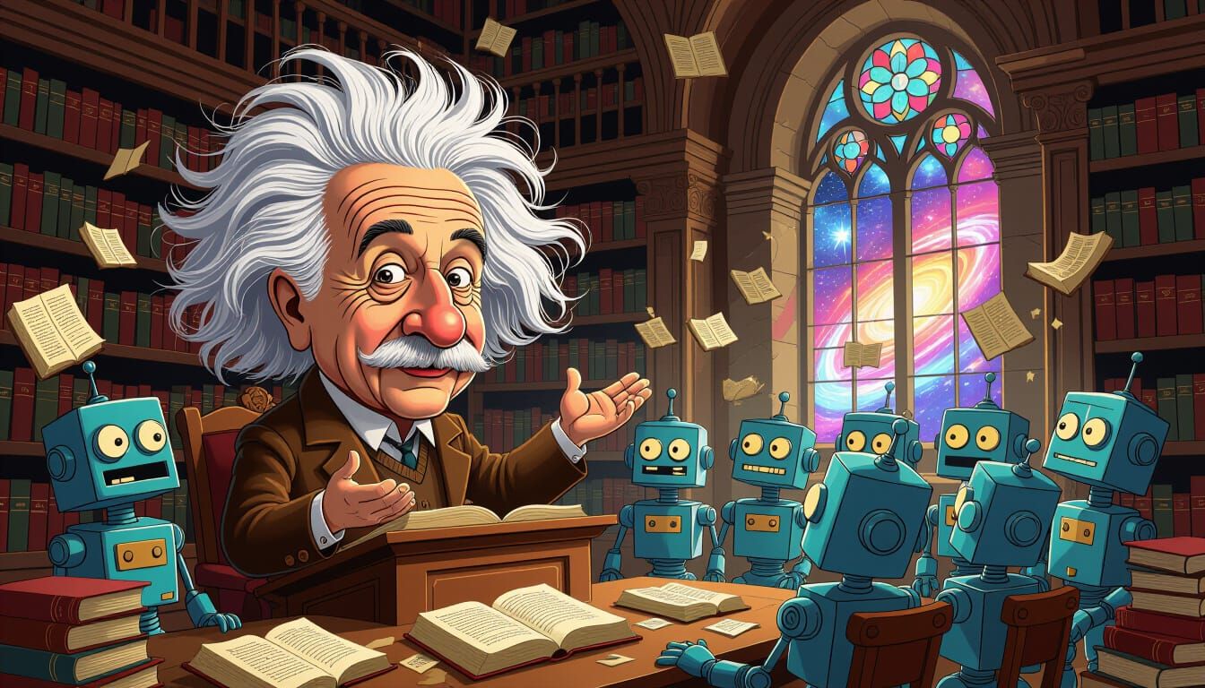Hyper-Exaggerated Einstein Lecturing Robots in Cosmic Librar...