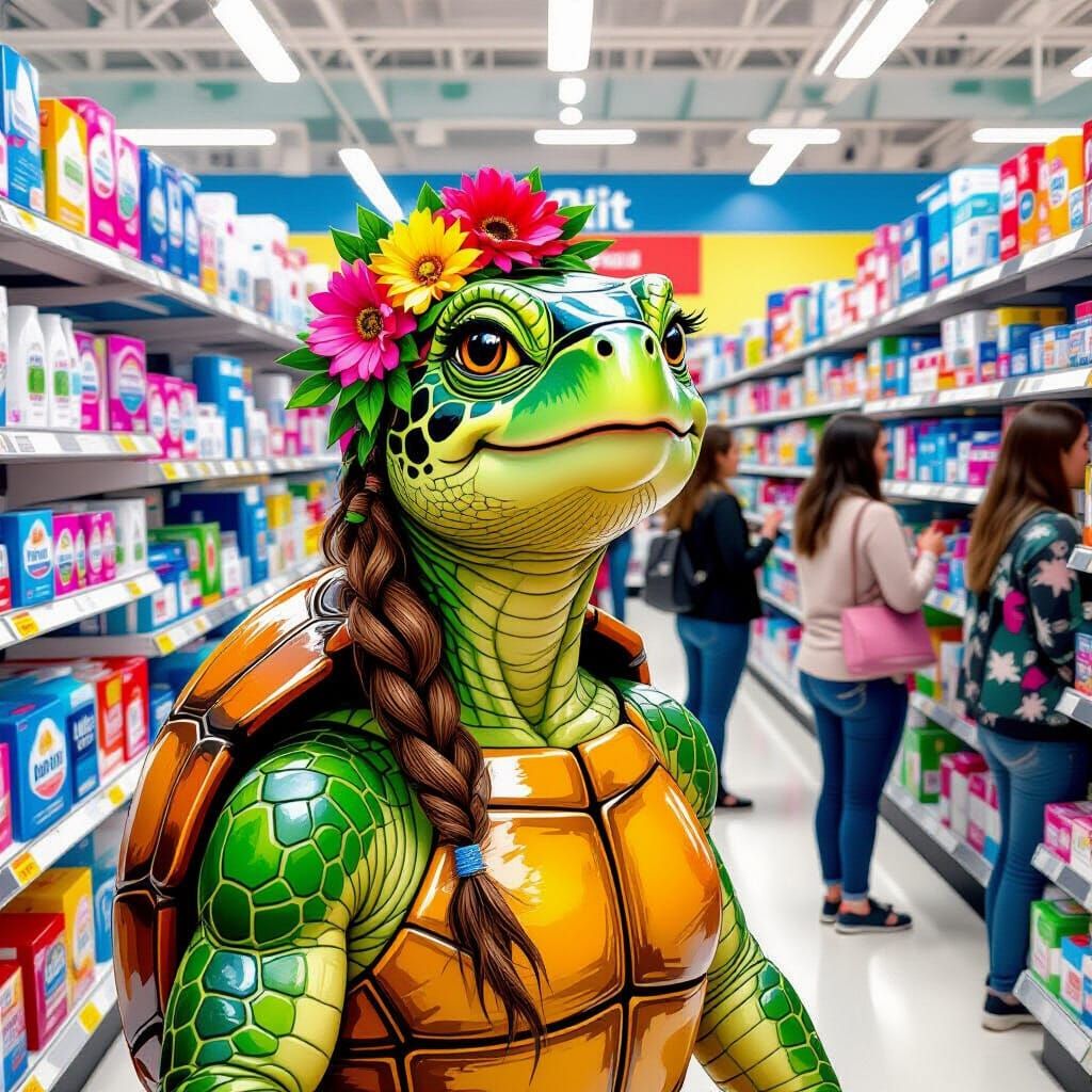 Surreal Turtle Woman in Walmart Aisle