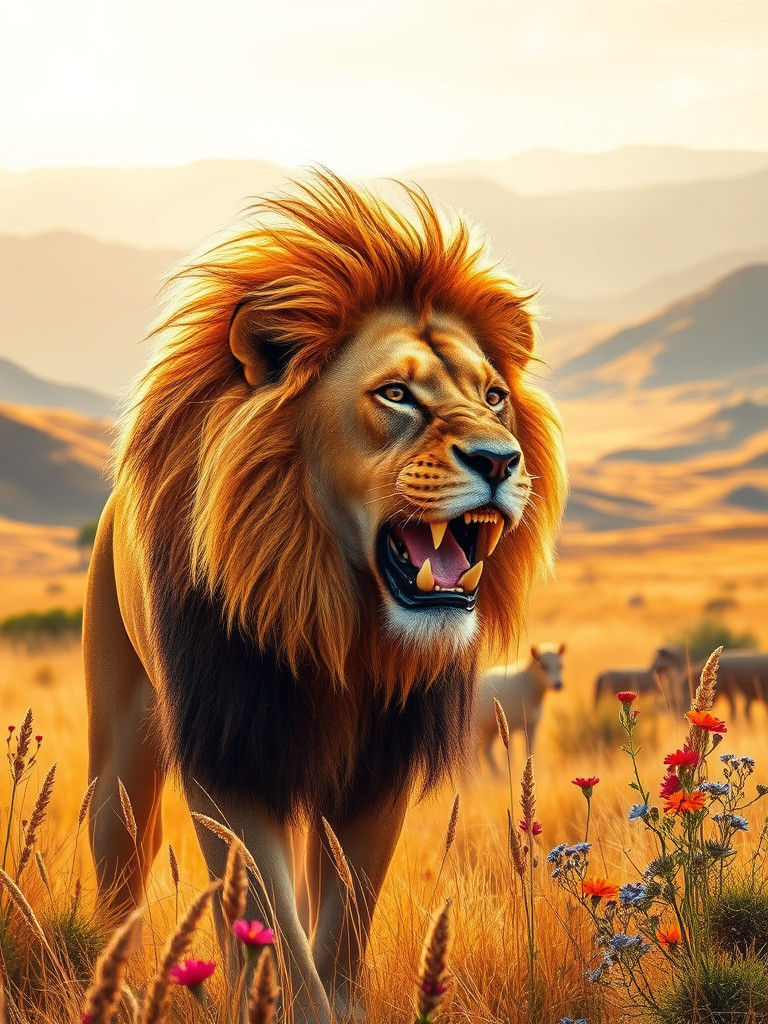 Majestic Lion in Golden Savanna Light