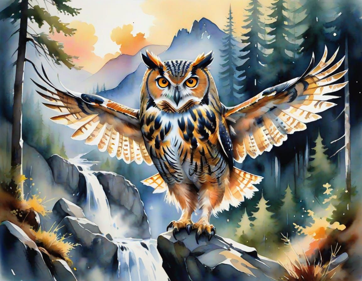 Ethereal European Eagle-owl in a Majestic Mountain Landscape