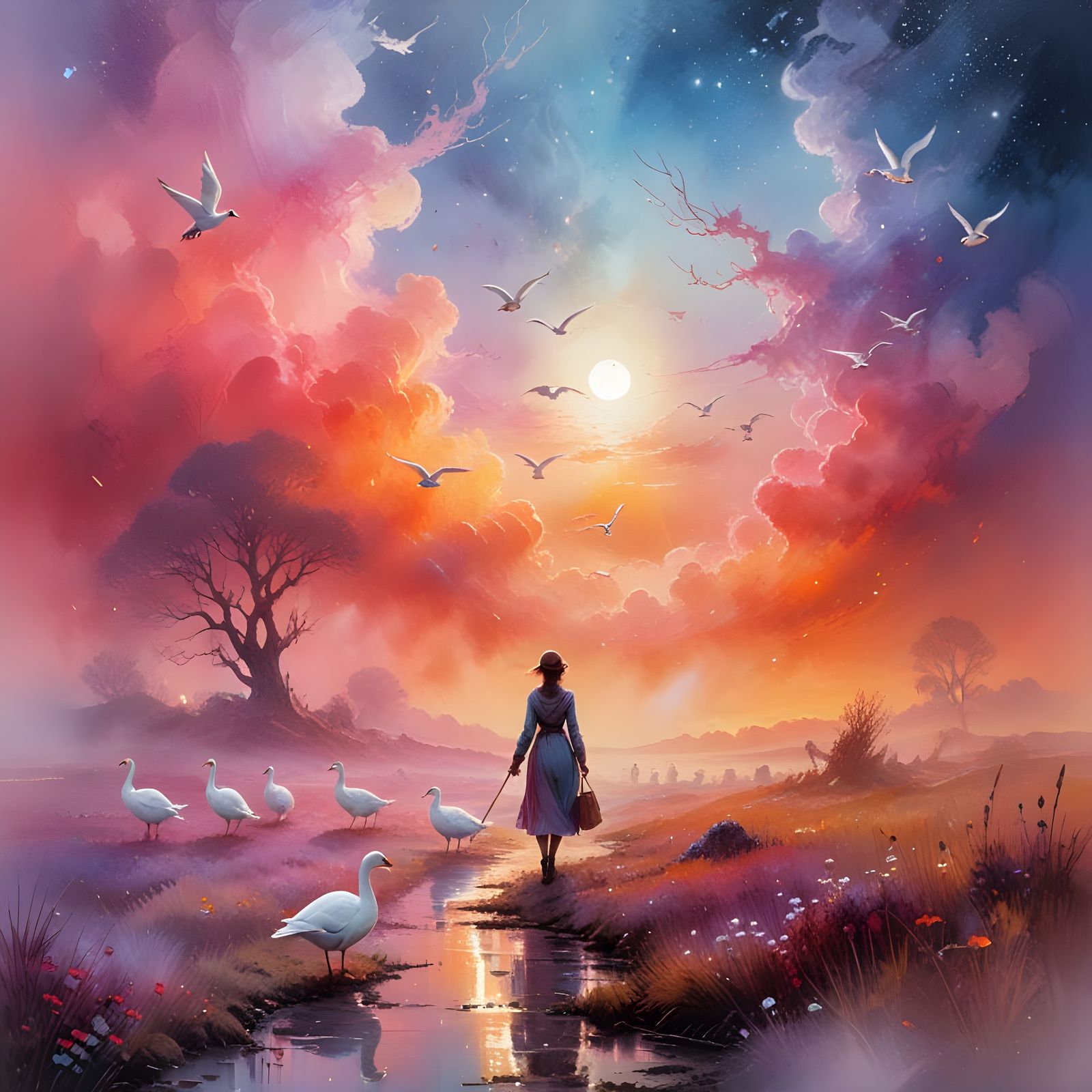Ethereal Shepherdess in Starry Sunrise Landscape