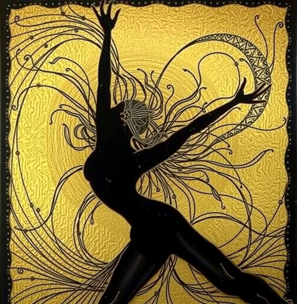 Ethereal Dancer in Motion, Adorned with Golden Accents