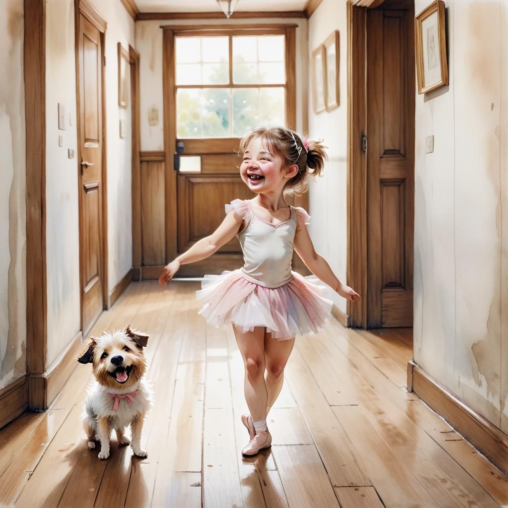 Laughing Ballerina Girl with Dog, Watercolor Art