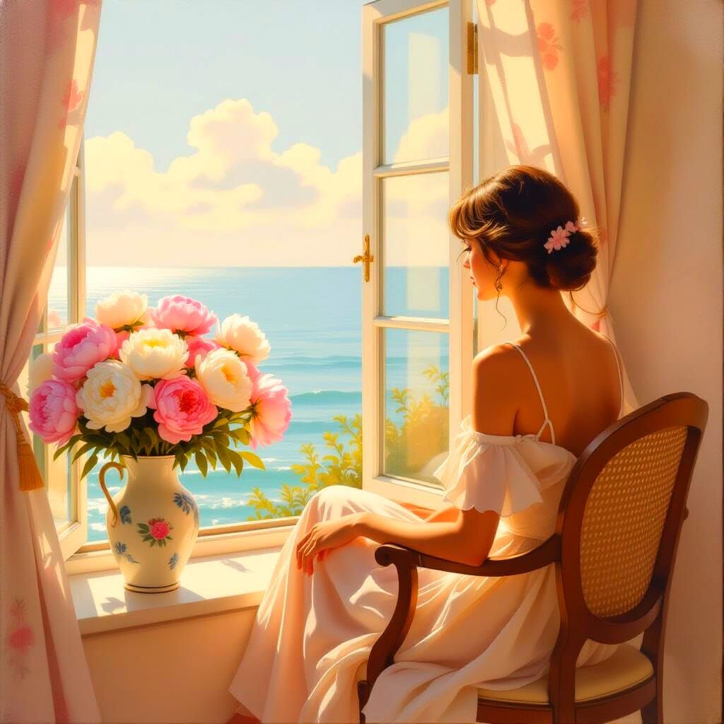Sunlit Room with Peonies and Sea View