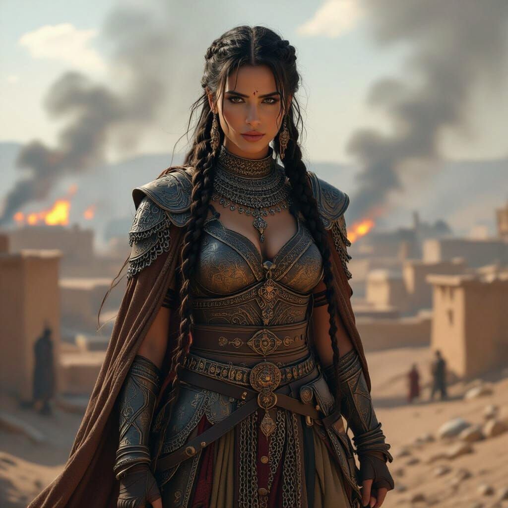 Triumphant Female Warrior in Persian Landscape