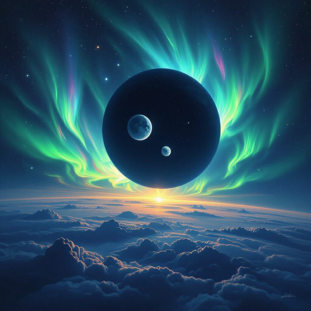 Dual Moons Over Earth With Northern Lights