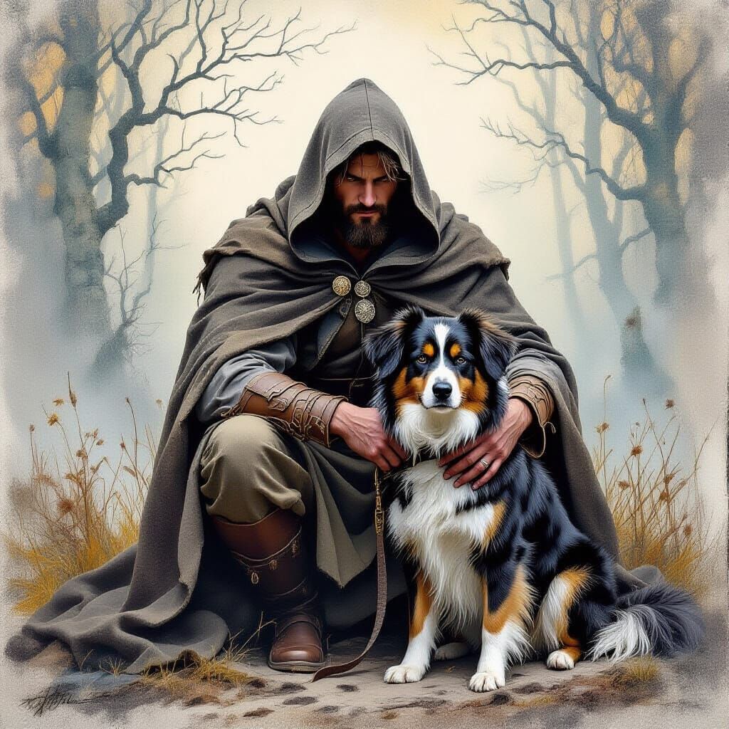 Man and Dog in Ethereal Charcoal Fantasy Gouache Style