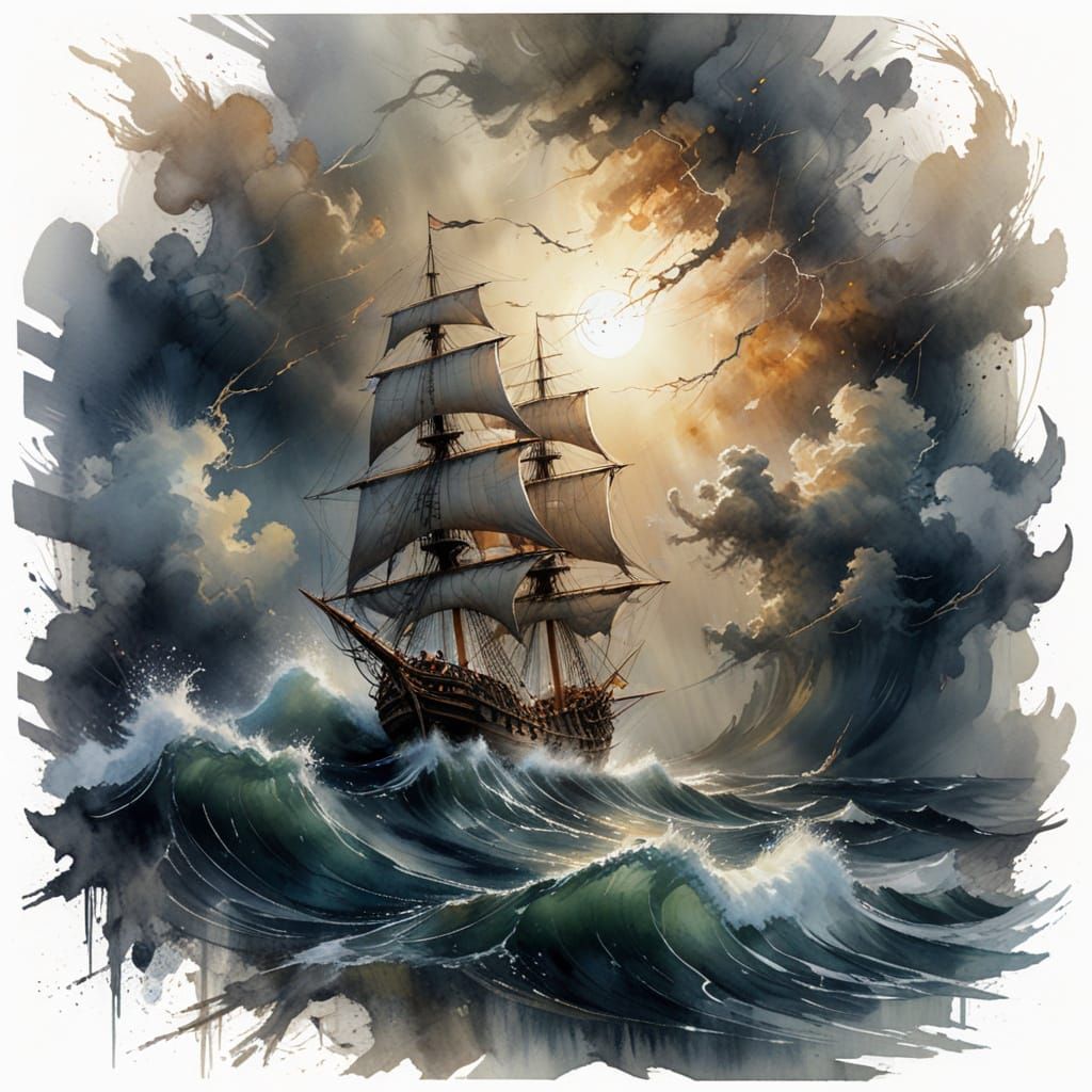 Tempestuous Pirate Ship Under Moonlight, Watercolor Style