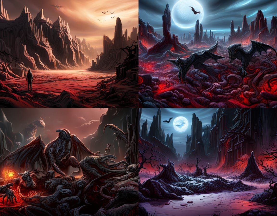 Demonic Dusty Landscape with Crows in Psychedelic Style