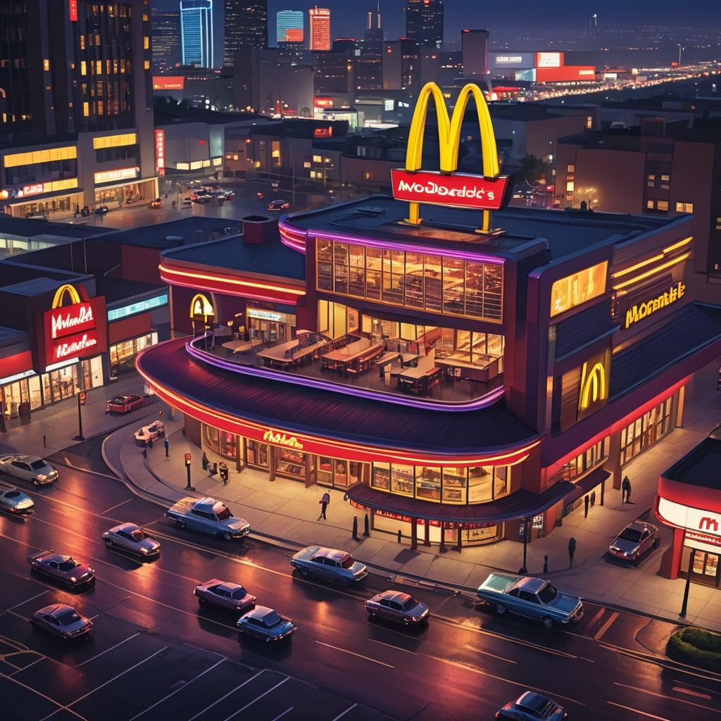 Retro-Futuristic McDonald's Restaurant at Night